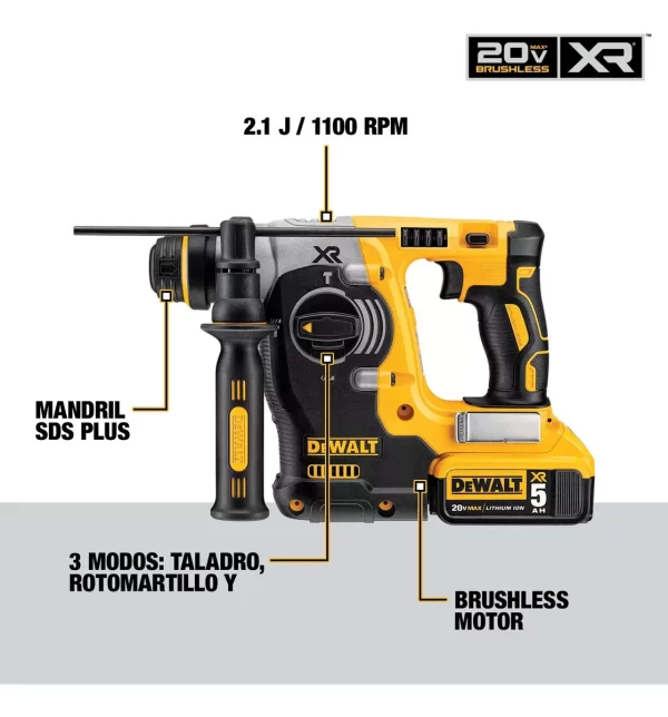 Taladro Rotomartillo 1'' 20v Max + 2bat 5ah Dewalt Dch273p2 Color Amarillo/Negro - Imagen 2