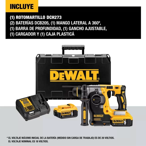 Taladro Rotomartillo 1'' 20v Max + 2bat 5ah Dewalt Dch273p2 Color Amarillo/Negro - Imagen 4